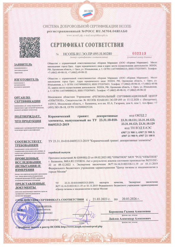 2. Керамический гранит: декоративные элементы, выпускаемые по ТУ 23.31.10-010-04693313-2019 Срок действия до 20.03.2026