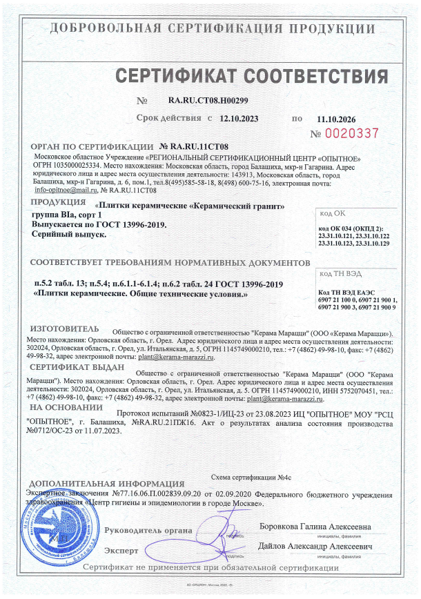 4. Плитки керамические "керамический гранит" KERAMA MARAZZI (Орел, ГОСТ 13996-2019). Срок действия до 11.10.2026