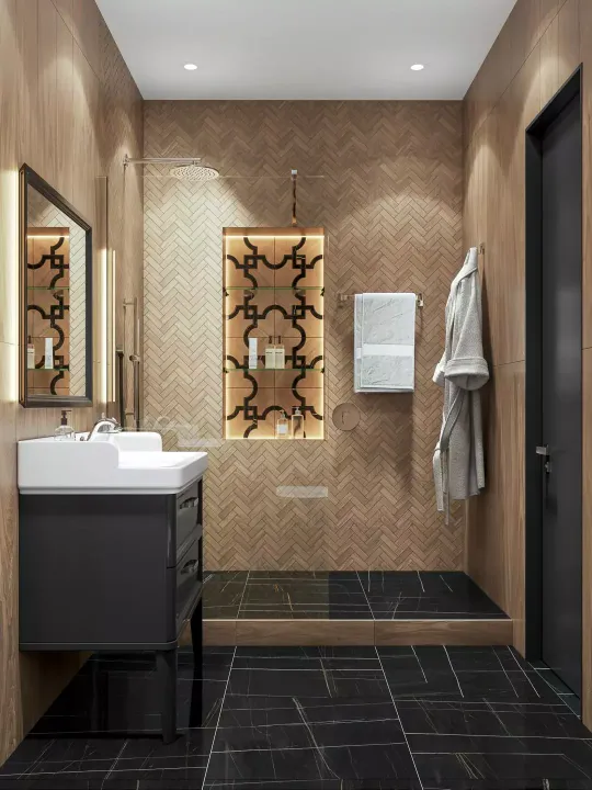 Нарезная мозаика «Монтиони», полотно 34х35,5; керамический гранит «Греппи», тумба и раковина PLAZA Classic, смеситель MUSE, зеркало POMPEI