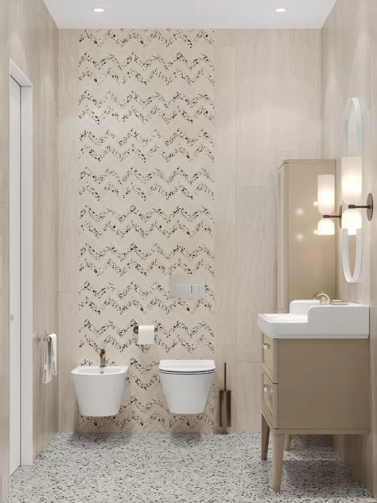 Нарезная мозаика «Монтиони», полотно 34х35,5; керамический гранит «Бричиола», унитаз и биде PLAZA, раковина, тумба и пенал PLAZA Classic, зеркало CONO