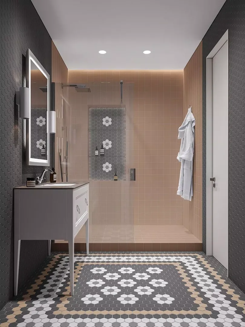 Мозаика из керамического гранита «Агуста», 5,2х6; полотно 29,7х29,8
Керамический гранит «Агуста», полотно 30х40
Тумба, раковина и зеркало PLAZA Classic, смеситель MUSE
Душевая колонна FUTURA