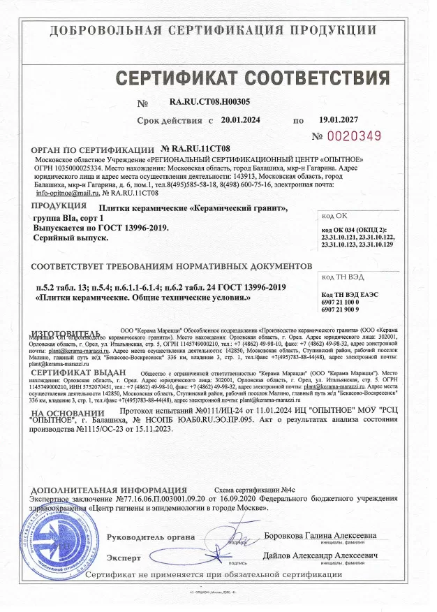 5. Плитки керамические "керамический гранит" KERAMA MARAZZI (Малино, ГОСТ 13996-2019). Срок действия до 19.01.2027