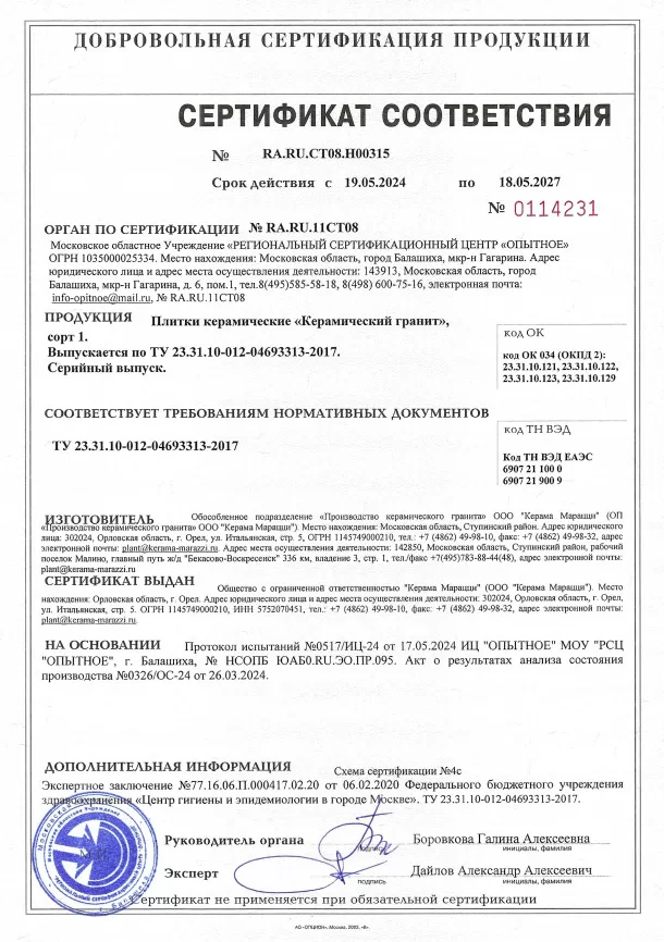 6. Плитки керамические "керамический гранит" KERAMA MARAZZI (Малино, ТУ). Срок действия до 18.05.2027