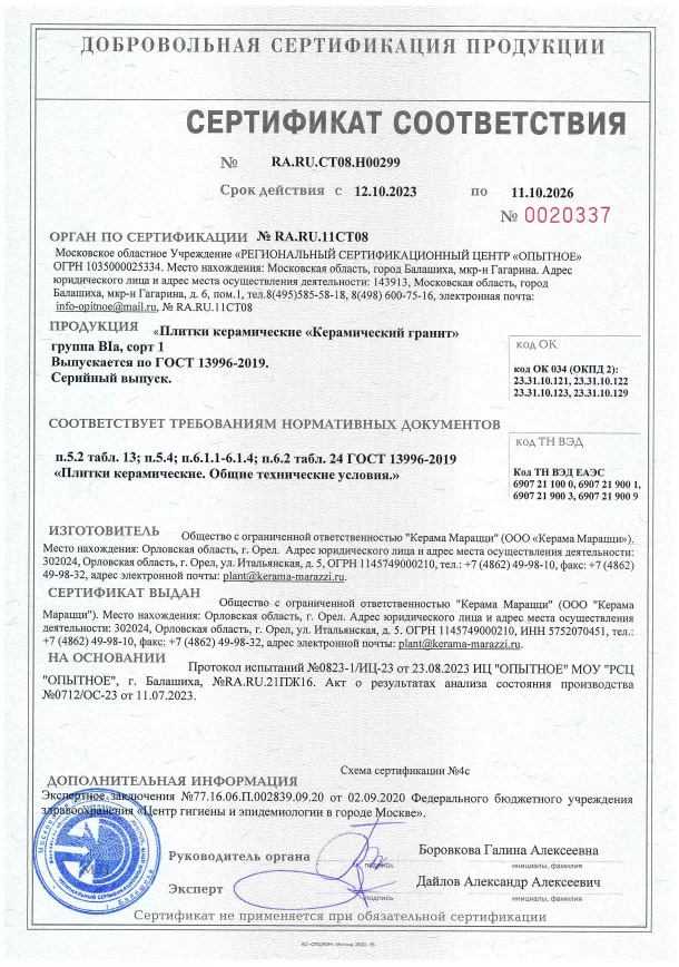 4. Плитки керамические "керамический гранит" KERAMA MARAZZI (Орел, ГОСТ 13996-2019). Срок действия до 11.10.2026